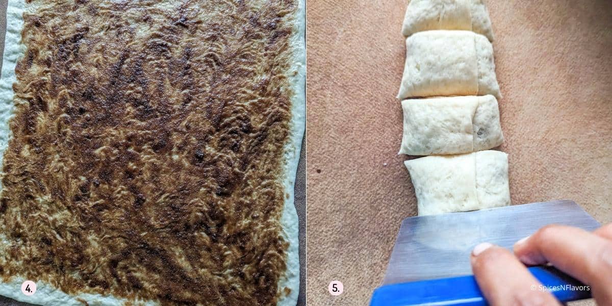 dough spreaded with the cinnamon sugar filling and cut into slices