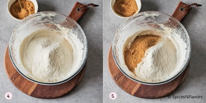 adding dry ingredients and masala chai spices t