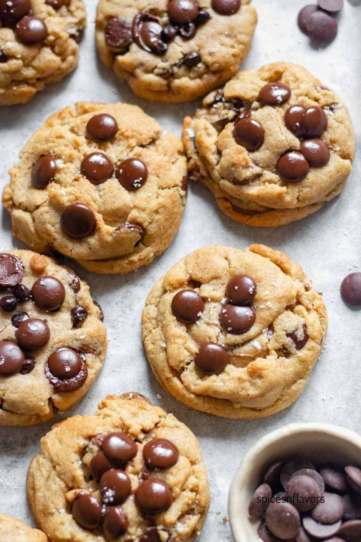 7 chai spiced chocolate chip cookies placed on baking paper