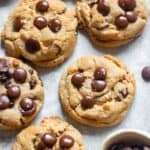 close up image of chocolate chip cookies in a baking tray to fit the recipe card image