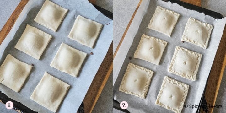 covering the base with a puff pastry square on top and crimping together