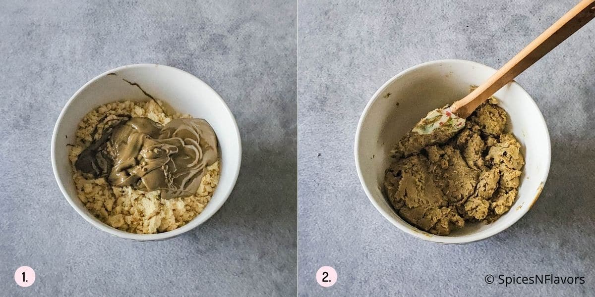 mix soan papdi and pistachio butter together