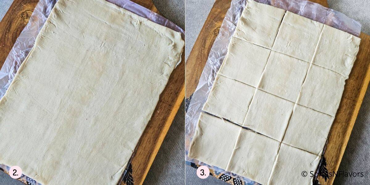 slicing the puff pastry into 12 squares