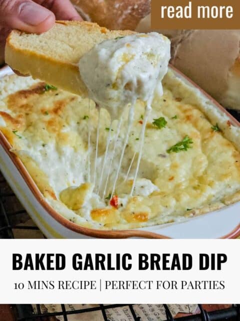 image of pulling cheese from garlic bread dip with text on top