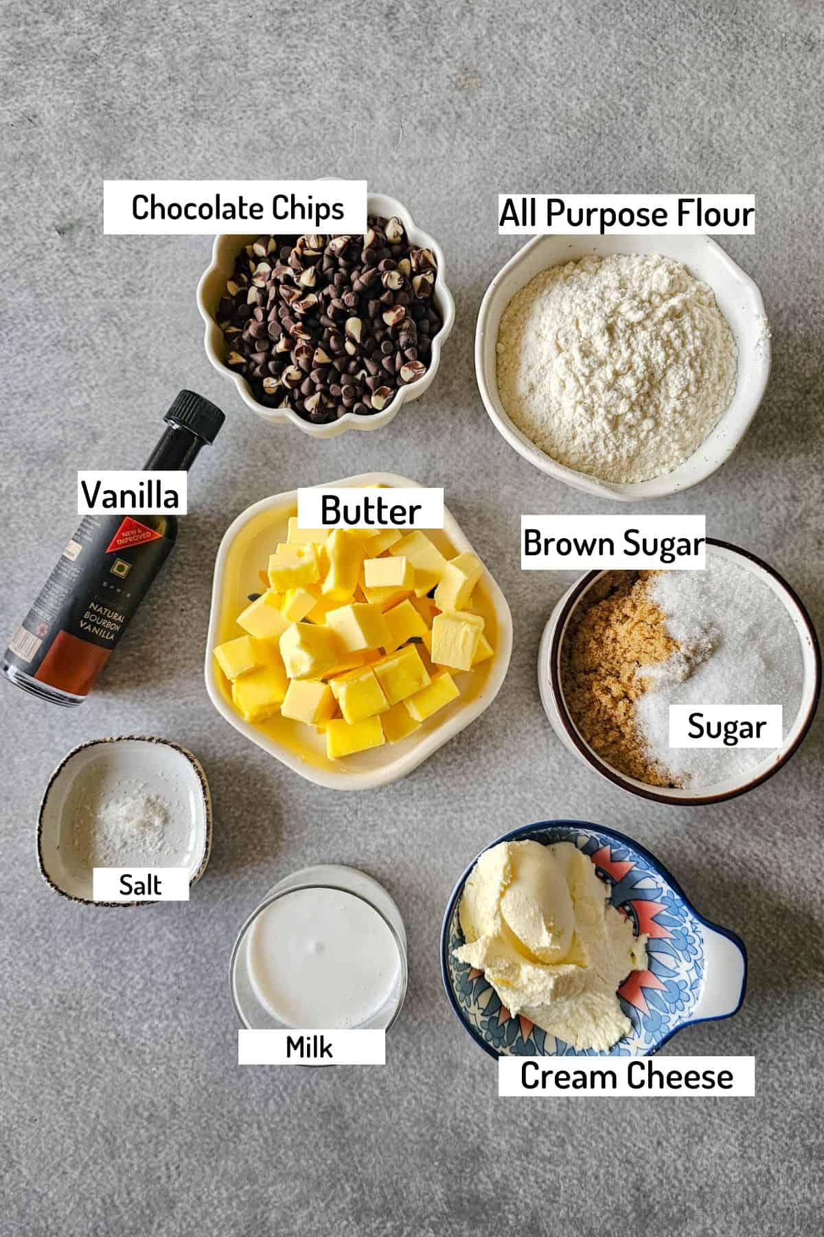 ingredients needed to make chocolate chip dip placed on a sheet