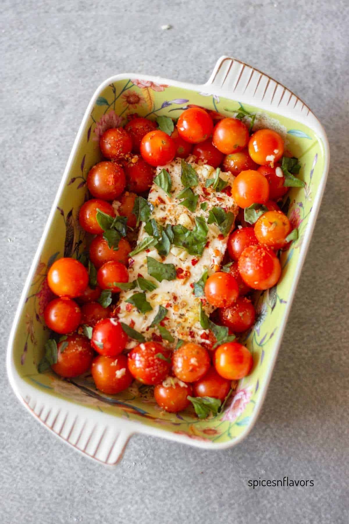 place ingredients of the feta dip in casserole