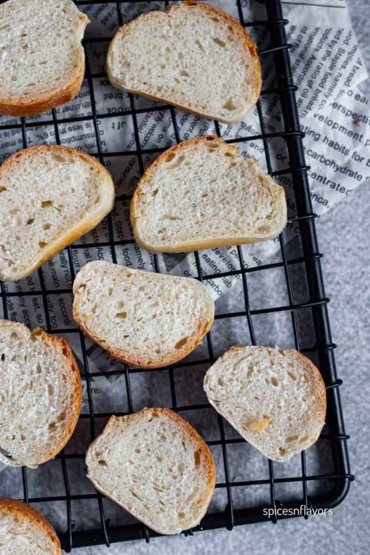 slices of mini baguette shot from overhead view