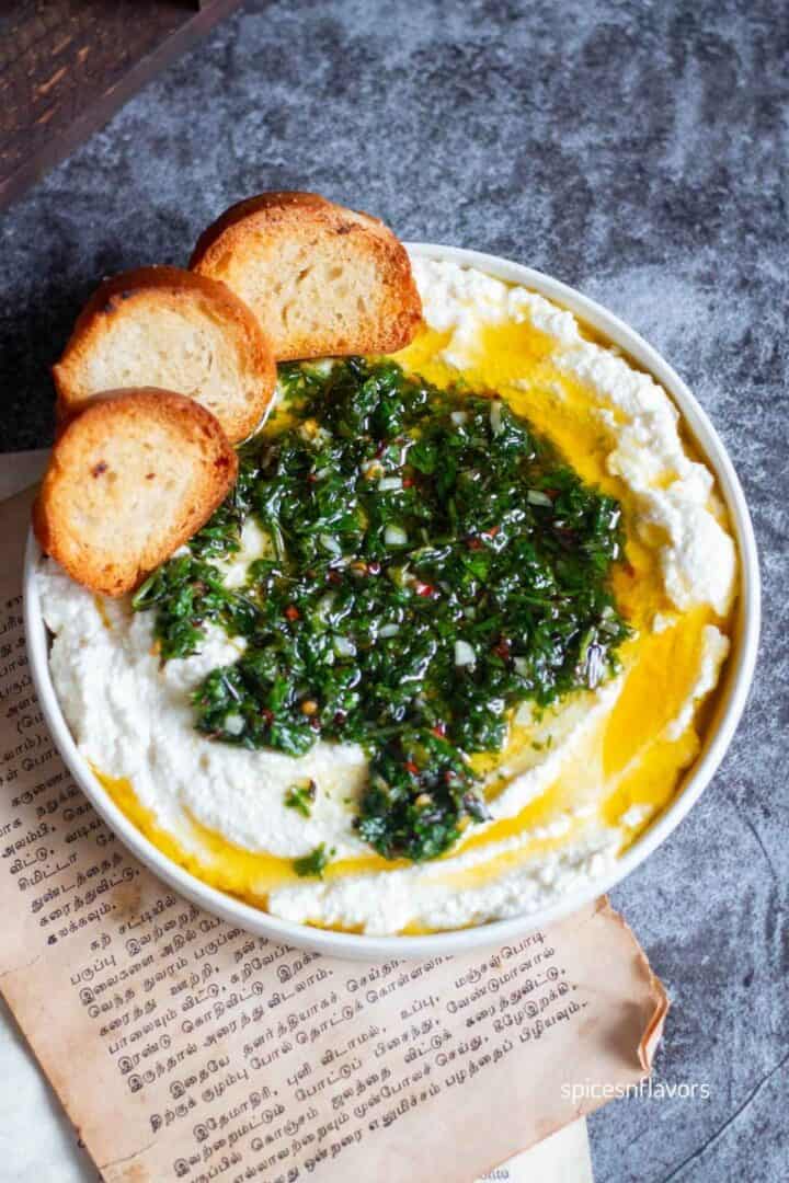 Garlic Ricotta Dip Whipped Ricotta Dip with Garlic Herbed Oil recipe - Spices N Flavors