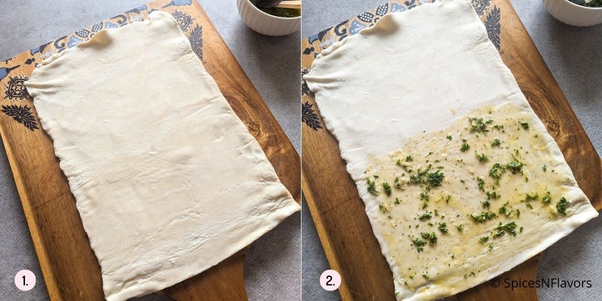 roll the puff pastry and apply garlic butter