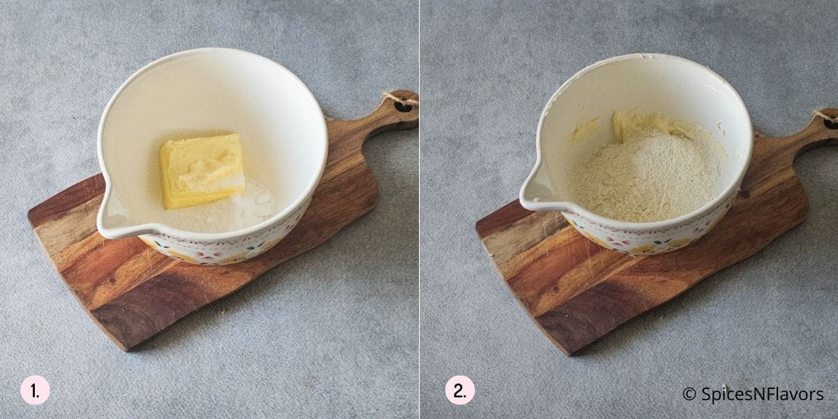 beat butter, sugar, flour in a bowl