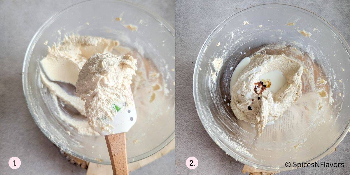 beat butter, sugar, vanilla and milk.