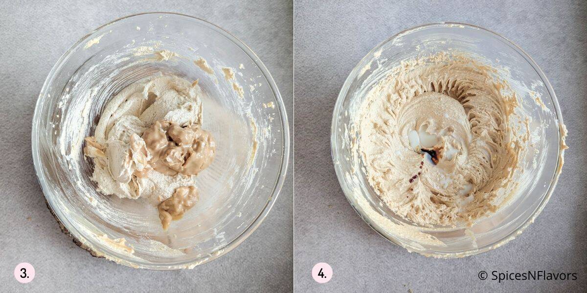 beat peanut butter, milk and vanilla