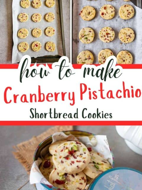 collage of images with text in the centre for pinterest image of cranberry pistachio shortbread cookies