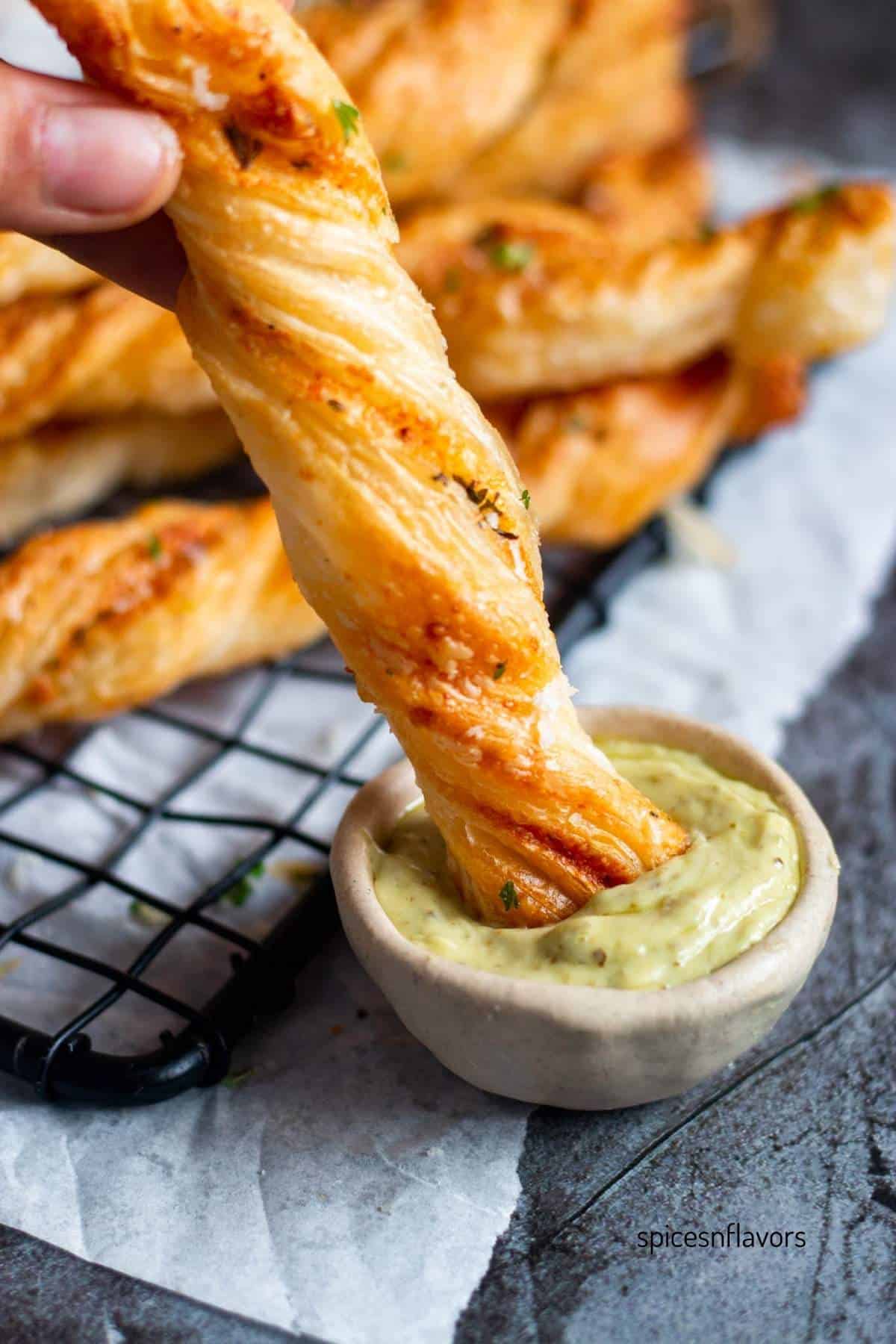 garlic puff pastry twists dipped in aioli