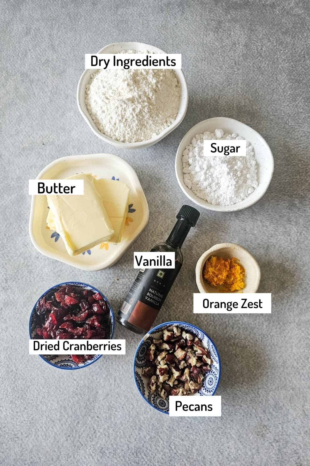 ingredients needed to make cranberry orange snowball cookies