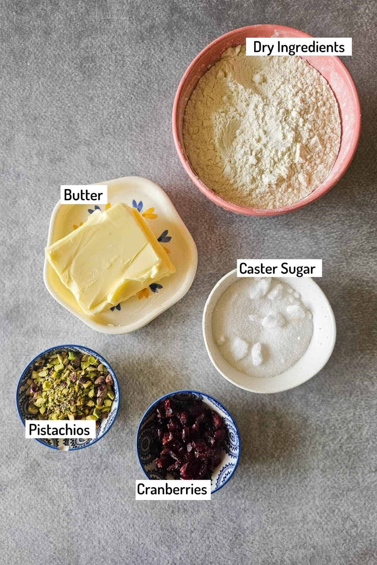 ingredients needed to make cranberry pistachio shortbread cookies