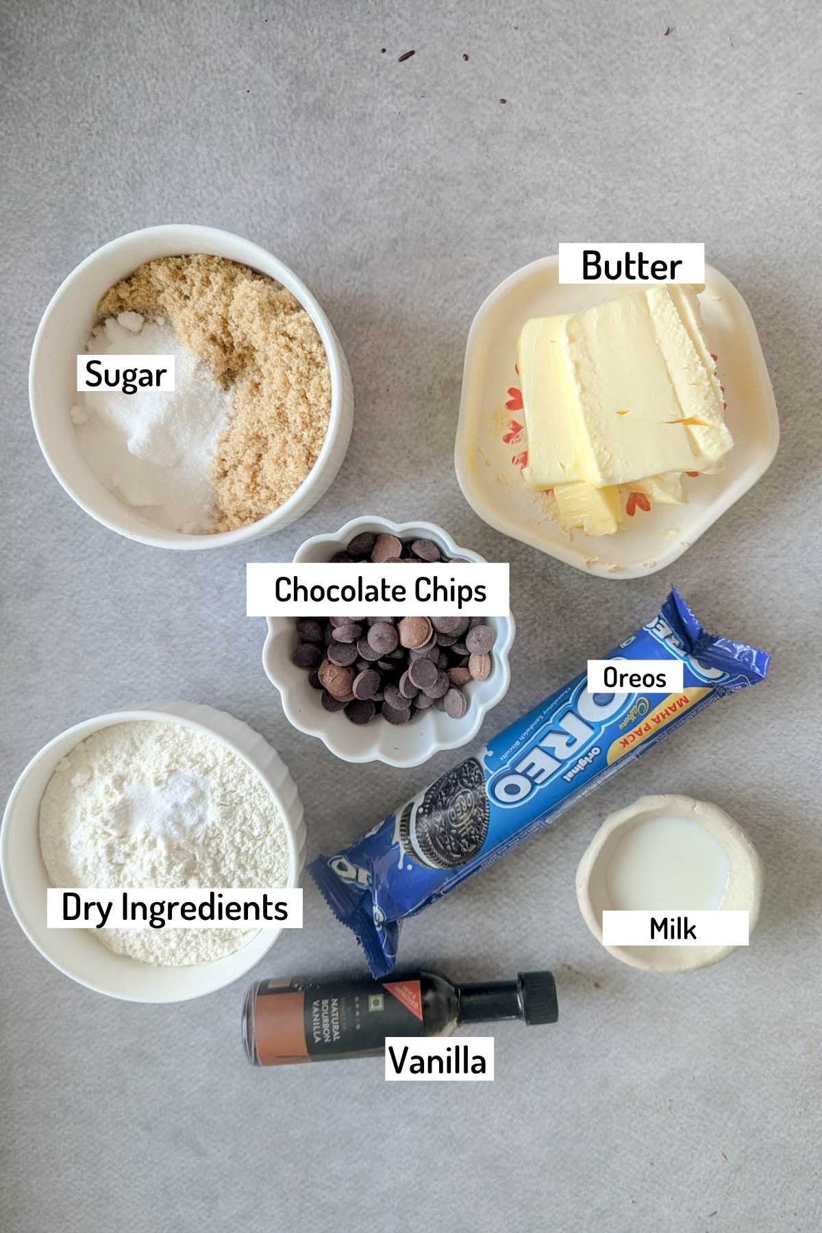 ingredients needed to make eggless oreo stuffed chocolate chip cookies