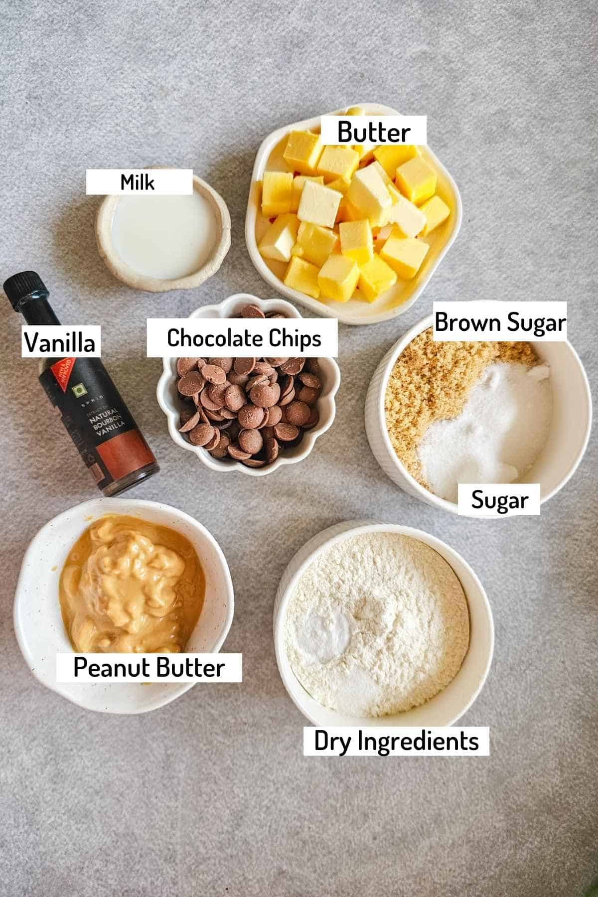 ingredients needed to make eggless peanut butter chocolate chip cookies