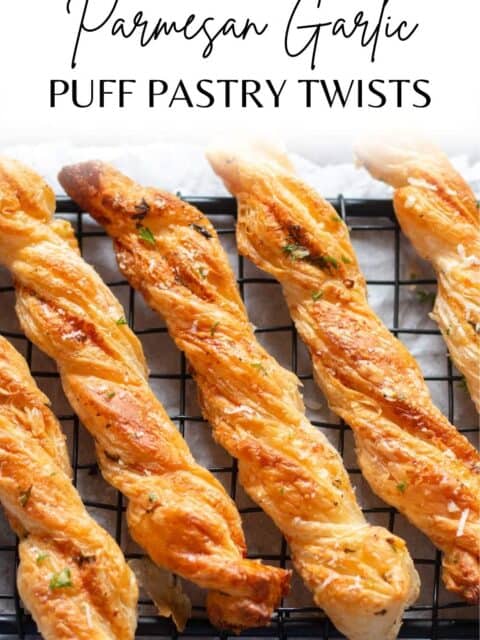 garlic puff pastry twists on wire rack with text on top to fit the recipe card size