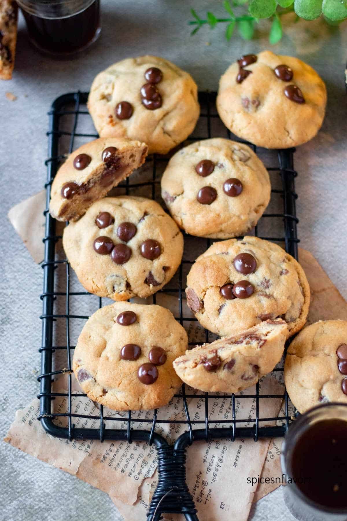 peanut butter chocolate chip cookies placed on wire rack