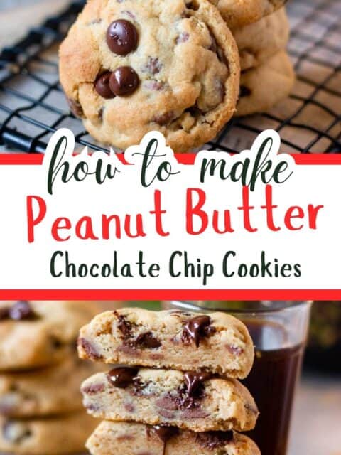 collage of two images of peanut butter chocolate chip cookies with text in the centre for pin image