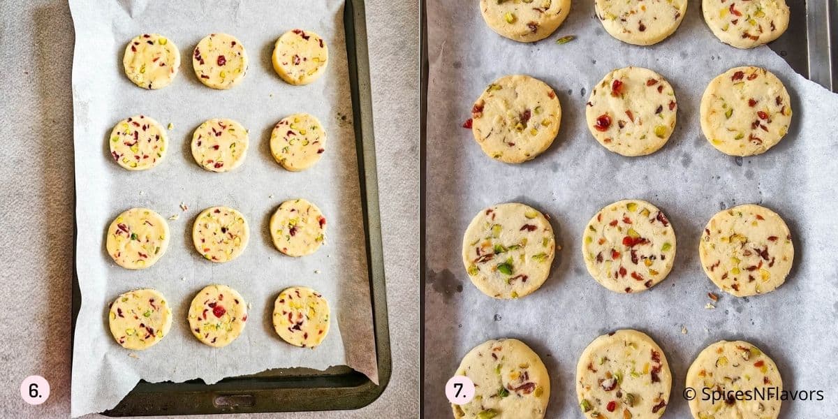 before baked and after baked images of cranberry pistachio shortbread cookies