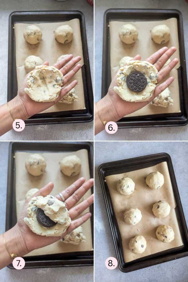 add oreo cookie in the centre of cookie dough and enclose it