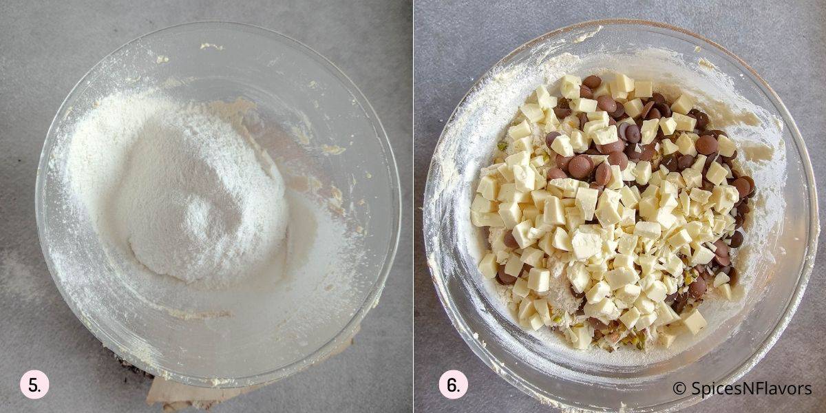 add dry ingredients followed by chocolate chips and pistachio nuts