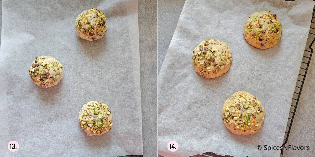 before and after images of baked pistachio stuffed cookies on baking tray