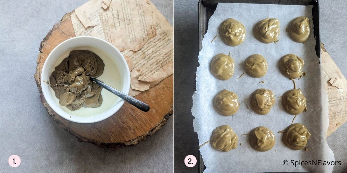 combining pistachio butter and white chocolate and divide into 12 teaspoons