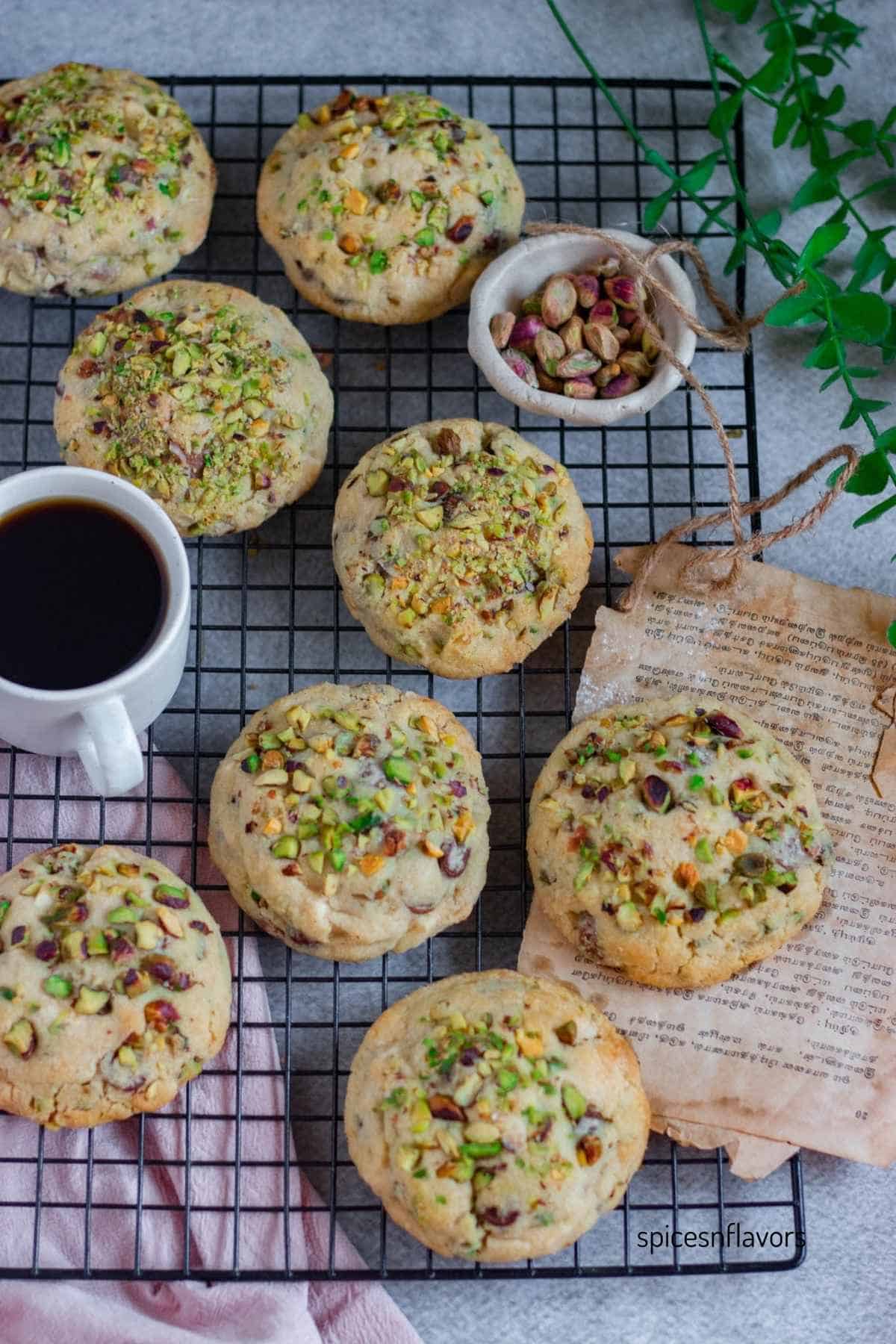 pistachio stuffed cookies placed on a cooling rack