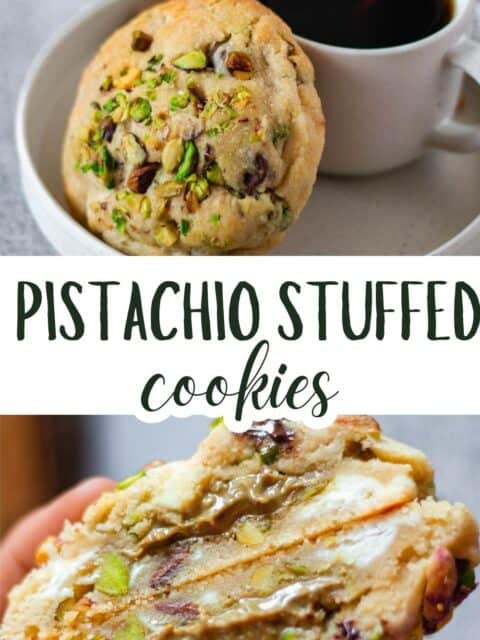 collage of two pistachio stuffed cookies to fit pinterest image