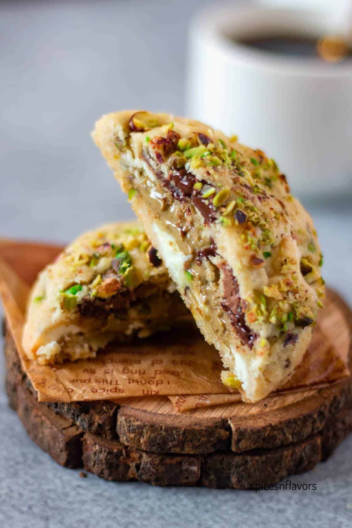 sliced pistachio stuffed cookies placed on a coaster