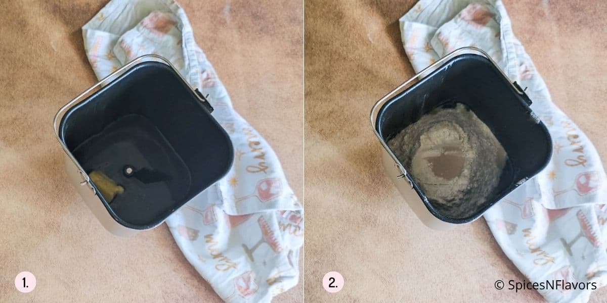 adding ingredients to the bread maker bowl