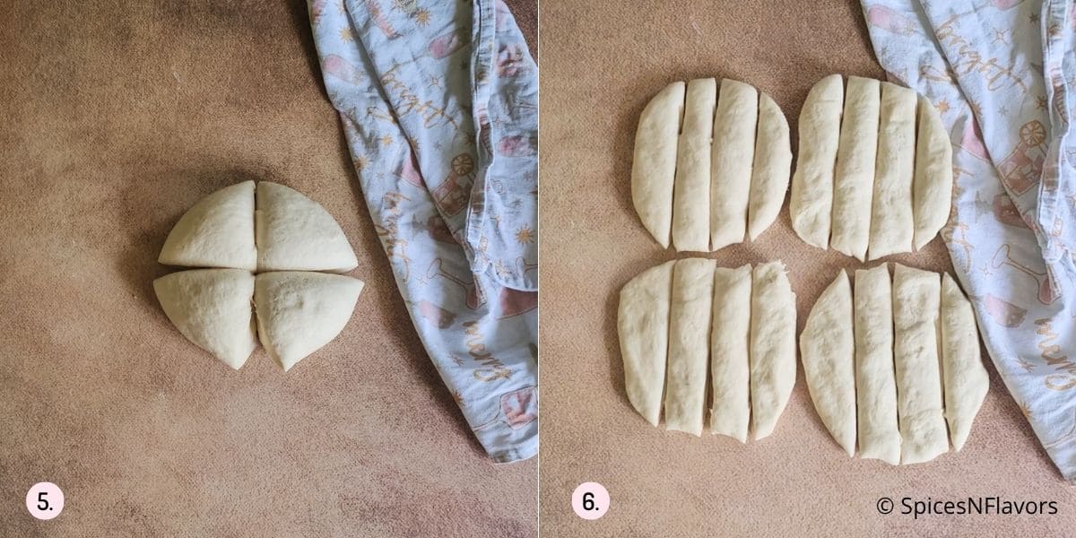 dividing the bread dough into 12 equal pieces