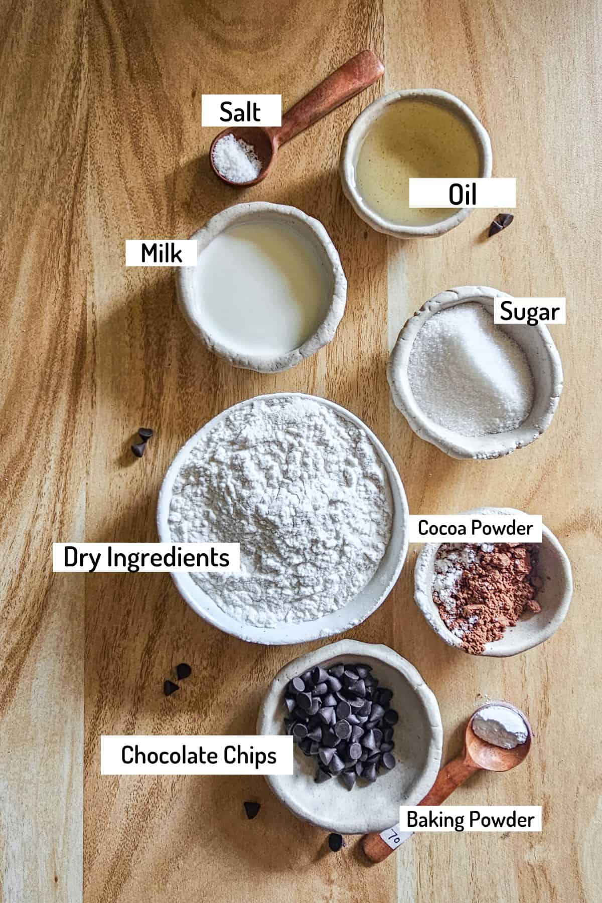 ingredients needed to make eggless chocolate mug cake in a mug