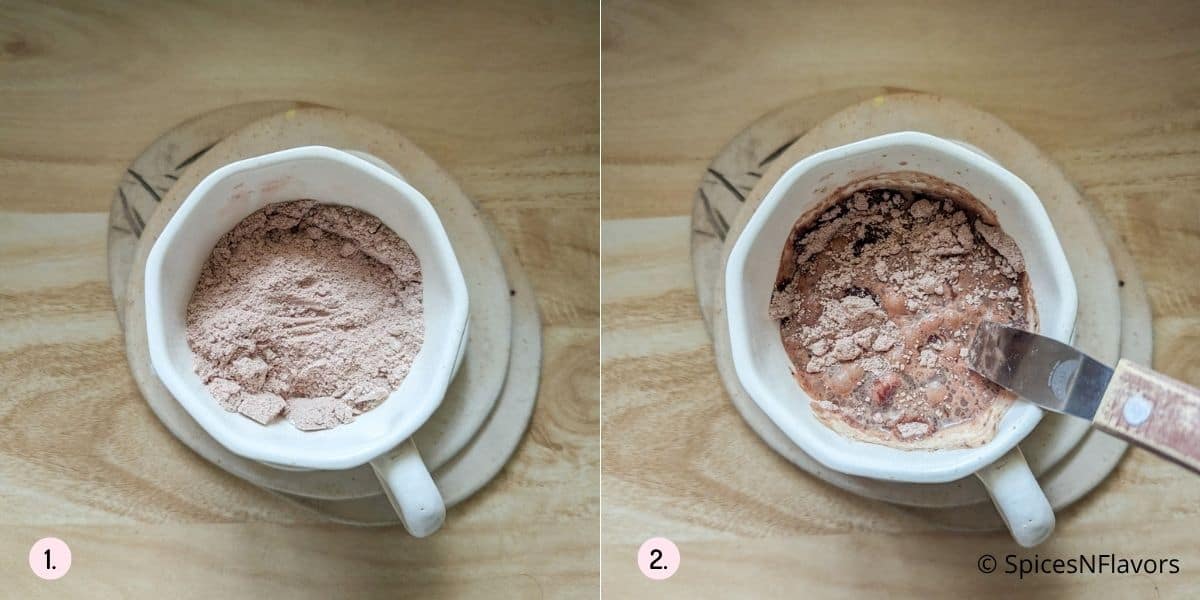 mixing chocolate cake ingredients in a mug