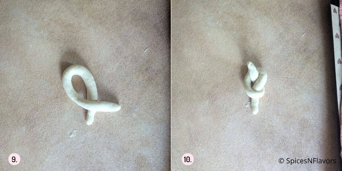 shaping the bread dough into knots