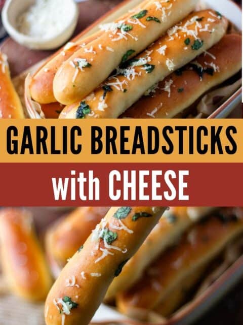 collage of garlic breadsticks with text in centre for pinterest